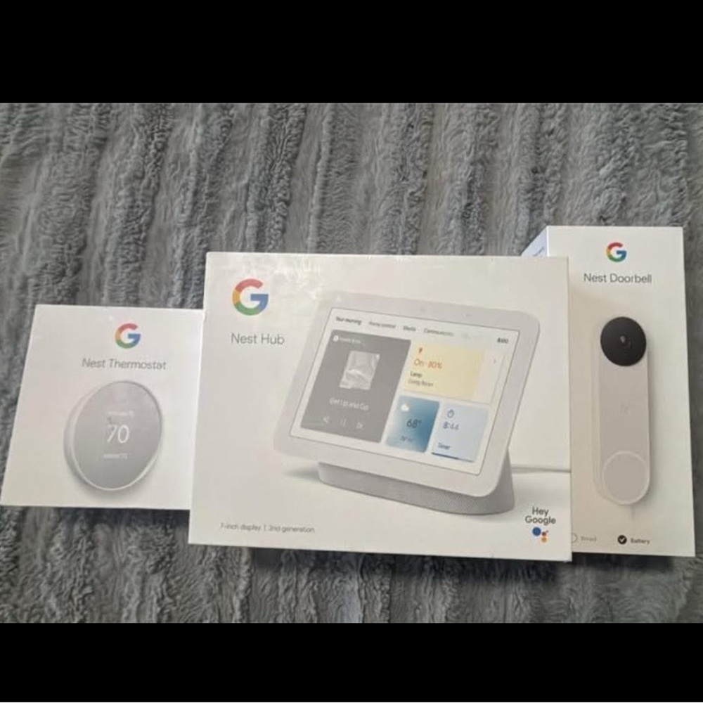 Google Nest Hub, Thermostat, and Doorbell - White